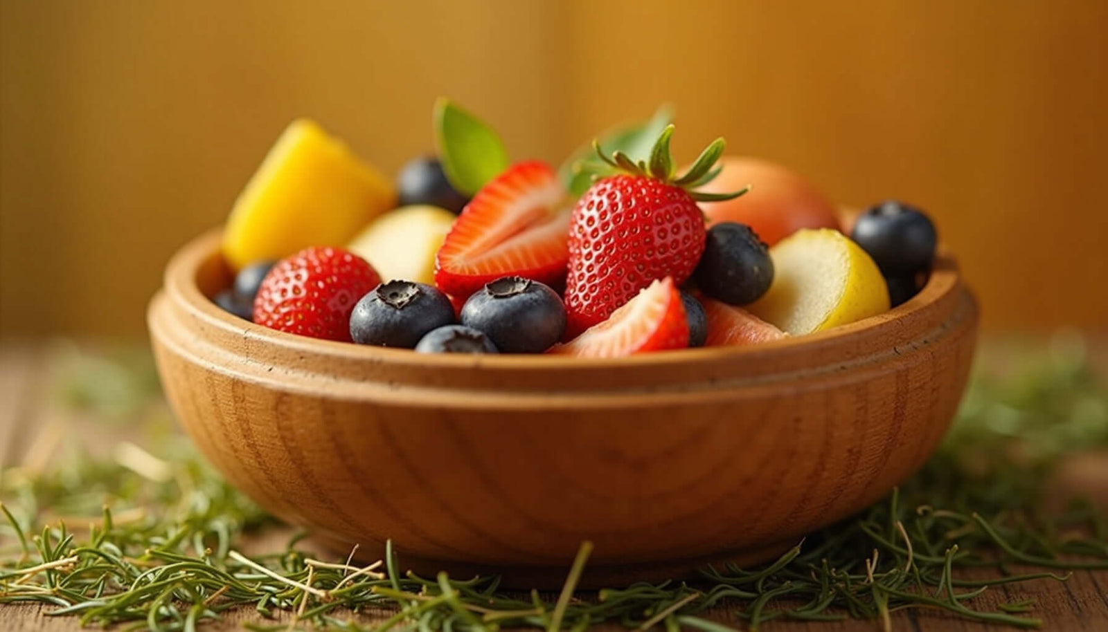 Colorful assortment of safe fruits in a wooden bowl, ideal for healthy guinea pig treats.