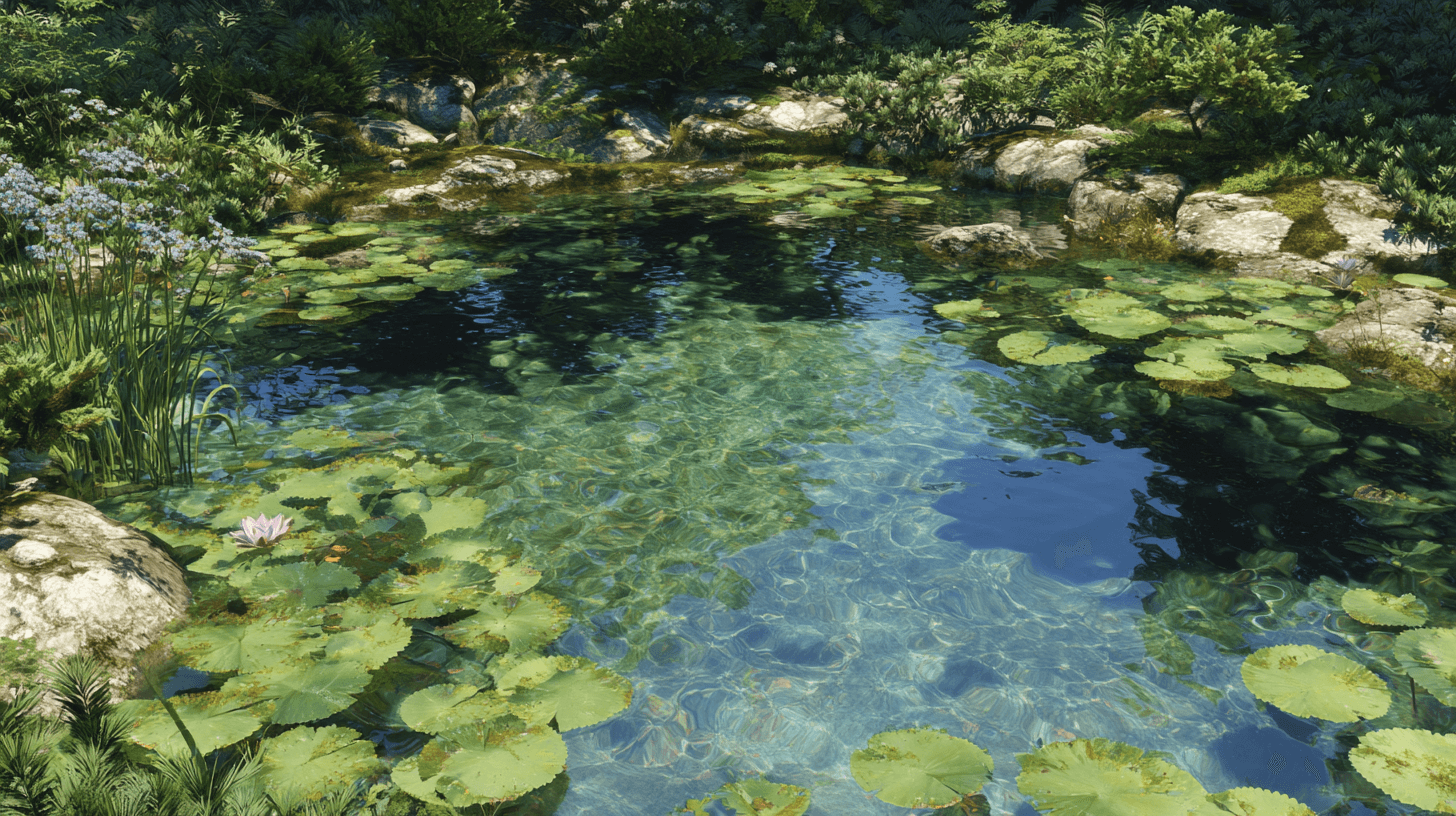Clear pond with lily pads surrounded by lush greenery, showcasing a natural aquatic ecosystem.