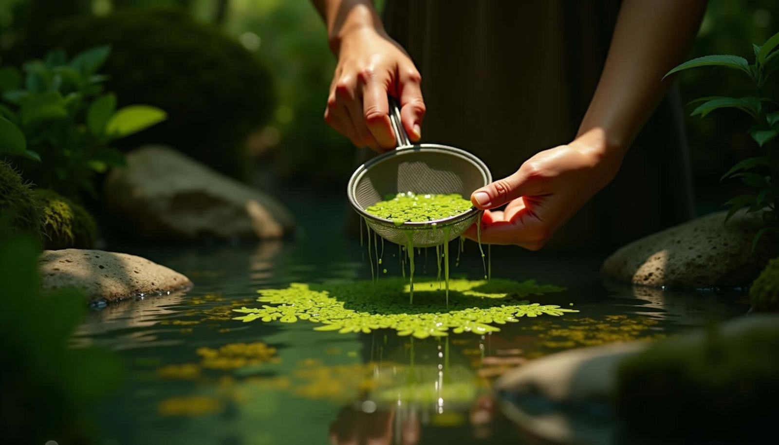 Person using a sieve to remove green pond algae, maintaining clean and healthy water in a serene setting.