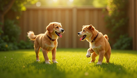 Two happy dogs playing in a sunlit grassy yard, showcasing positive reinforcement training.