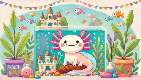 A cute axolotl in an aquarium with colorful fish, plants, and a miniature castle, showcasing an ideal pet environment.