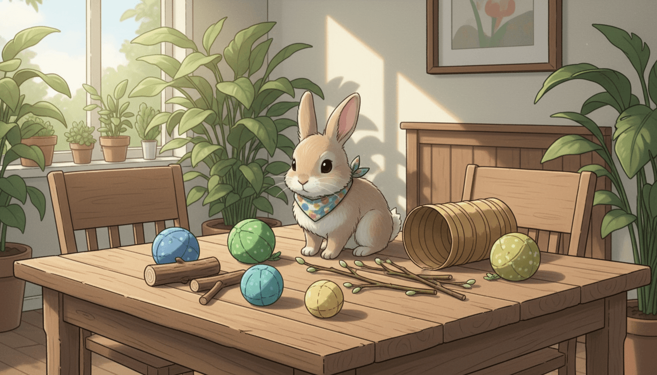 How to Make DIY Rabbit Toys That Your Bunny Will Love, cute bunny with colorful toys on a wooden table.