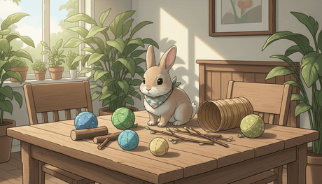 How to Make DIY Rabbit Toys That Your Bunny Will Love, cute bunny with colorful toys on a wooden table.