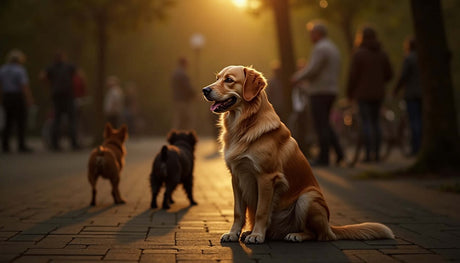 Golden retriever sitting calmly in the park with other dogs during sunset.