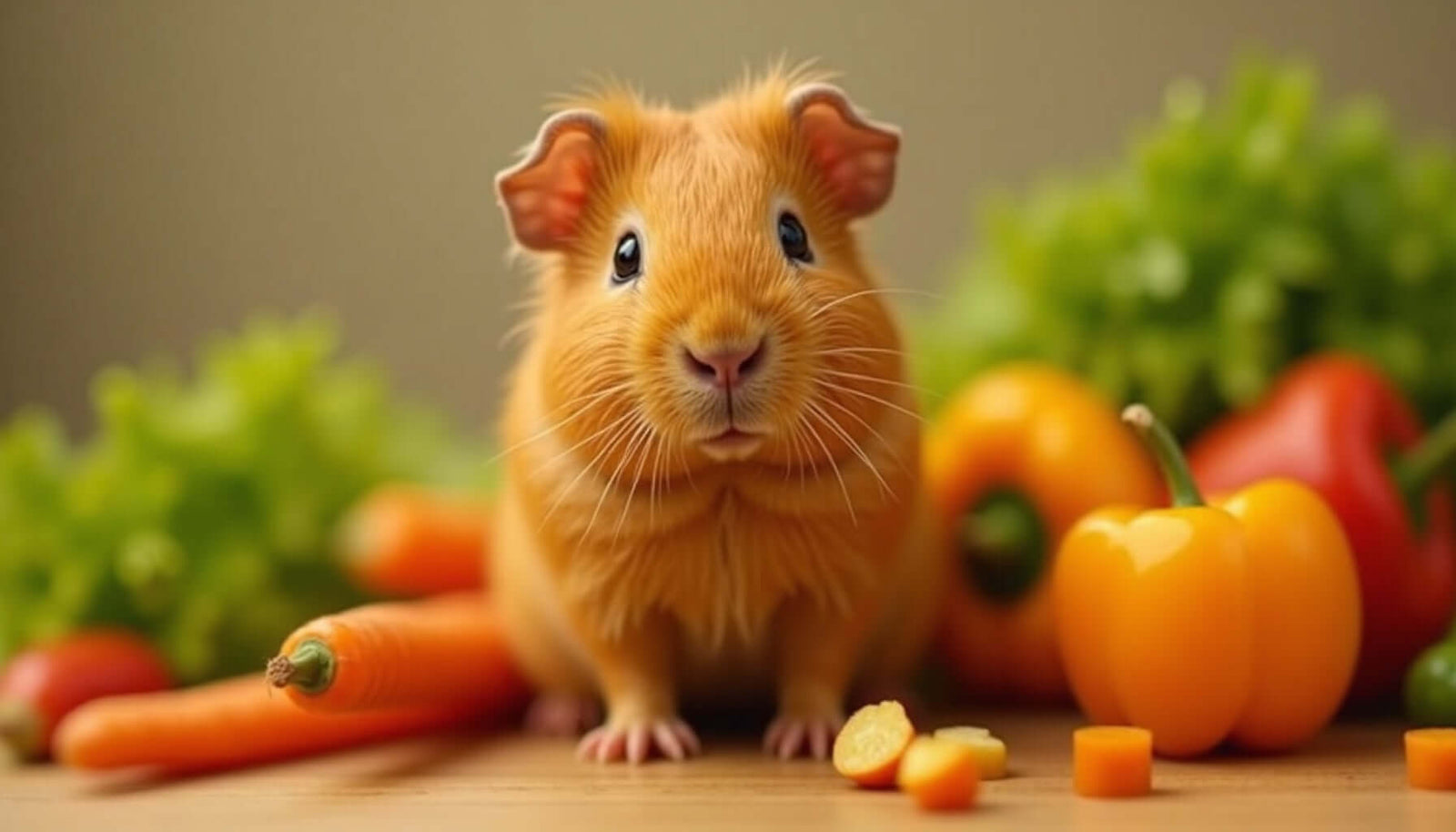 A cute guinea pig surrounded by fresh vegetables like carrots and bell peppers, highlighting healthy eating.