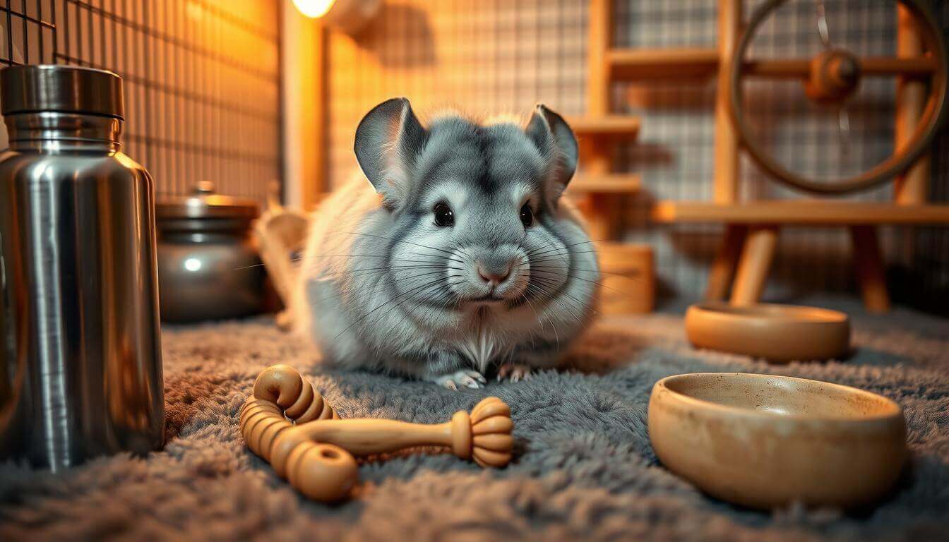 A cute chinchilla resting in its cozy habitat surrounded by toys and bowls.