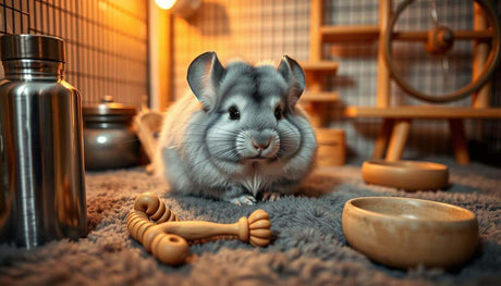 A cute chinchilla resting in its cozy habitat surrounded by toys and bowls.