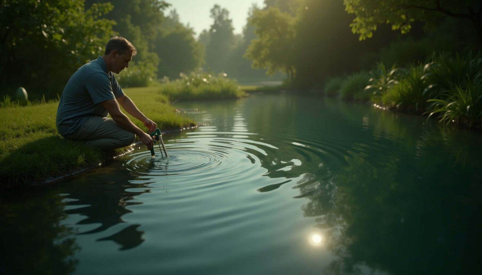Man testing pond water quality for dissolved oxygen levels, ensuring a healthy aquatic environment.