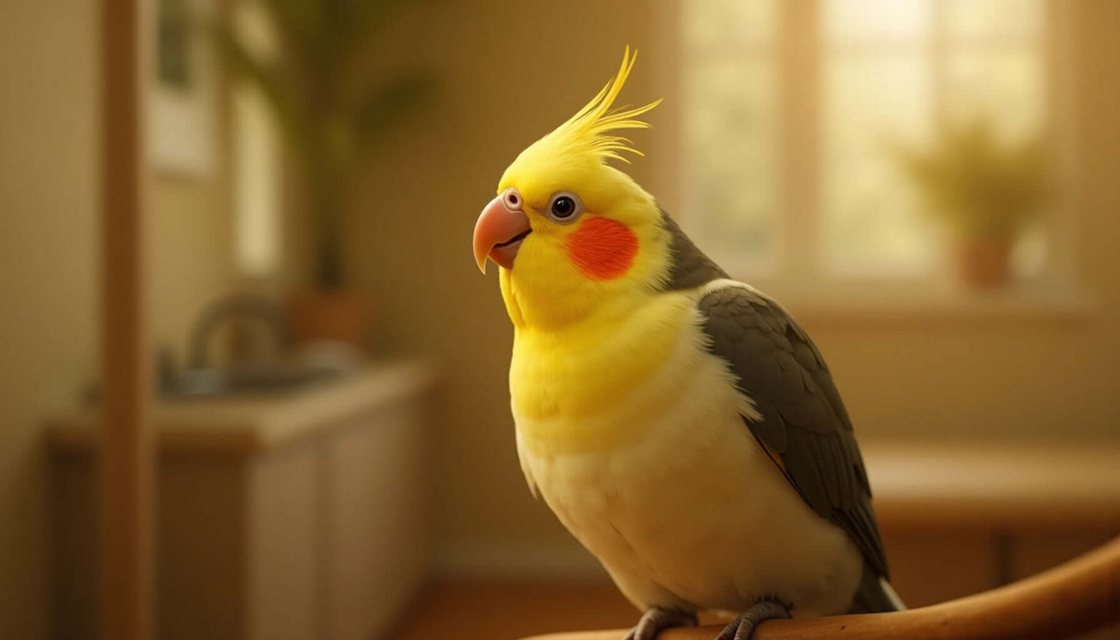 Close-up of a vibrant cockatiel perched indoors, showcasing its yellow feathers and cheerful demeanor.