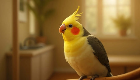 Close-up of a vibrant cockatiel perched indoors, showcasing its yellow feathers and cheerful demeanor.