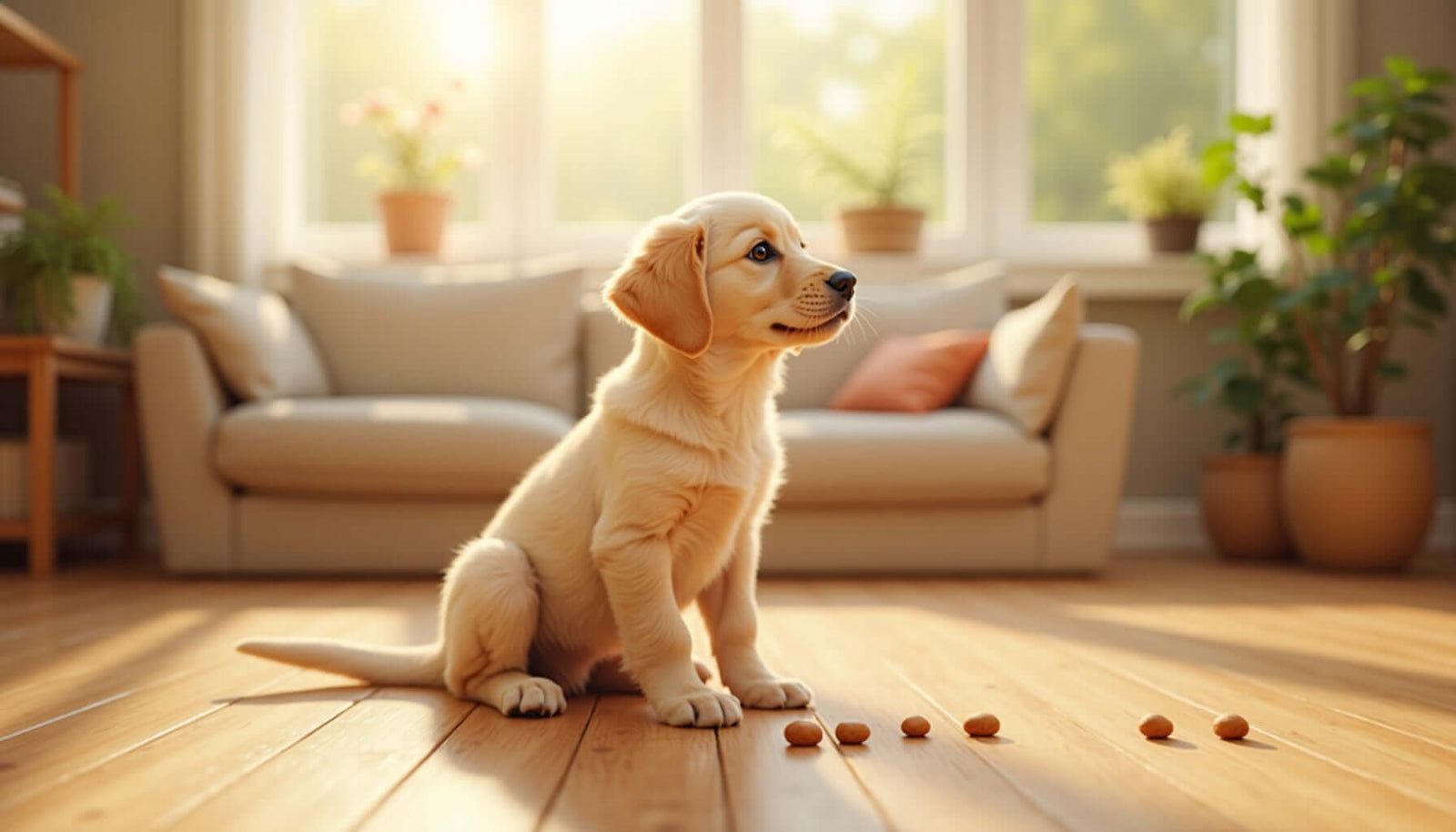 Cute golden retriever puppy sitting on wooden floor with treats, reflecting focused training in a cozy living room.