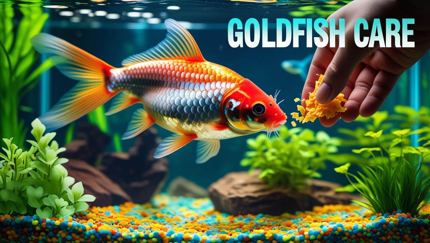 A vibrant goldfish in a tank being fed by a hand, highlighting essential goldfish care tips.