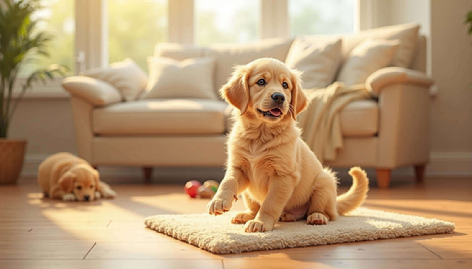 Adorable golden retriever puppy on a rug in a cozy living room, showcasing a stress-free home environment for training.