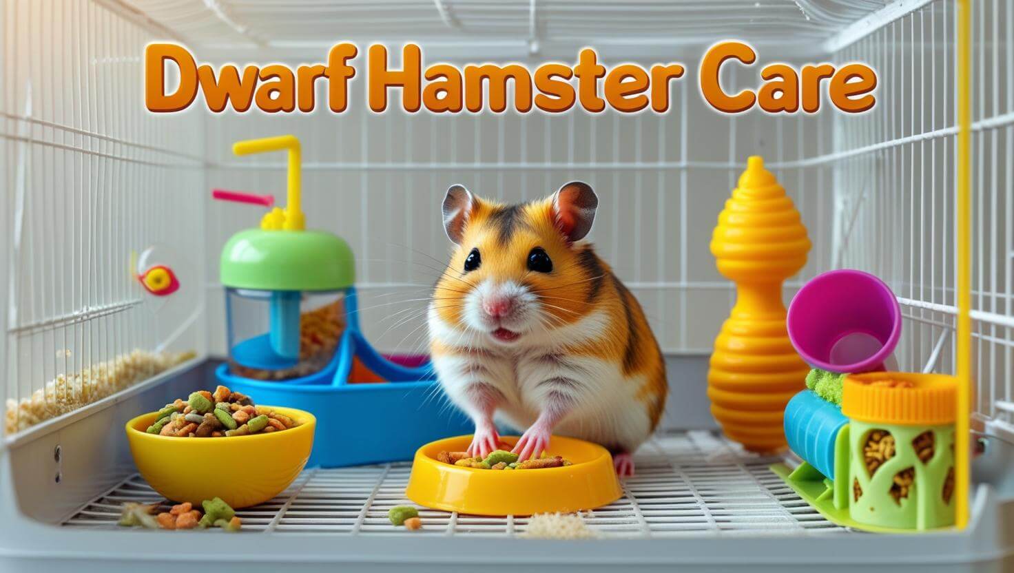 Dwarf hamster in a vibrant cage with food and toys, showcasing proper care essentials.
