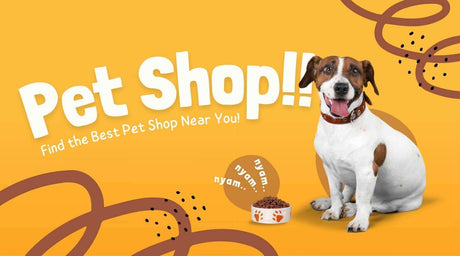 Playful dog advertising a local pet shop with bright colors and food bowl.