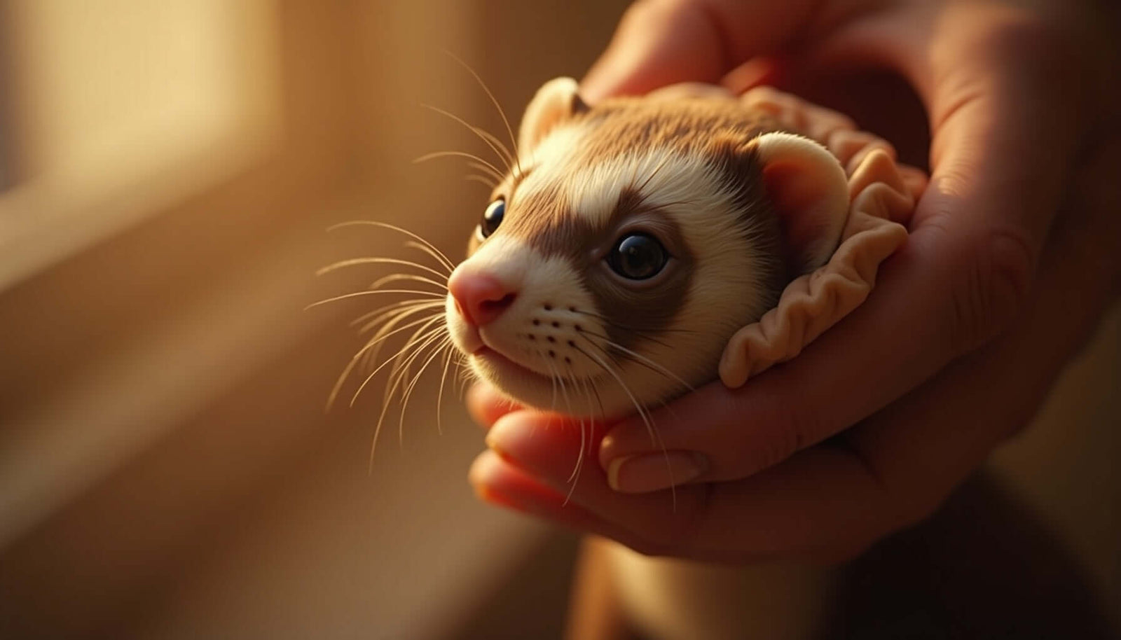 Close-up of a hand holding a ferret, showcasing its adorable face and whiskers in soft lighting.