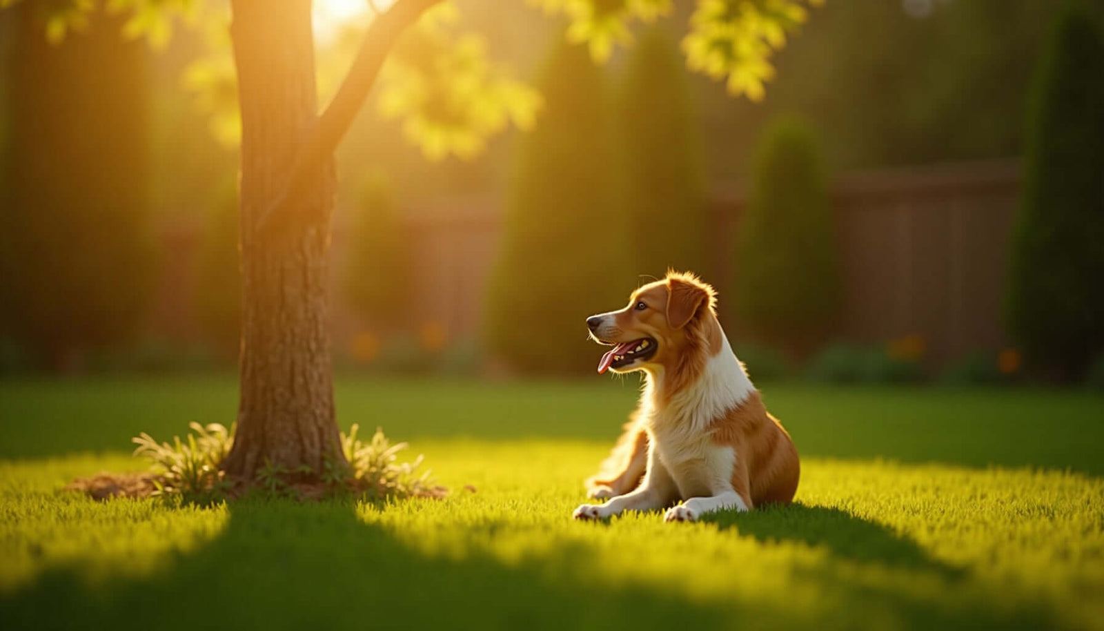A dog relaxing in a sunlit garden under a tree, enjoying the warm ambiance of nature.