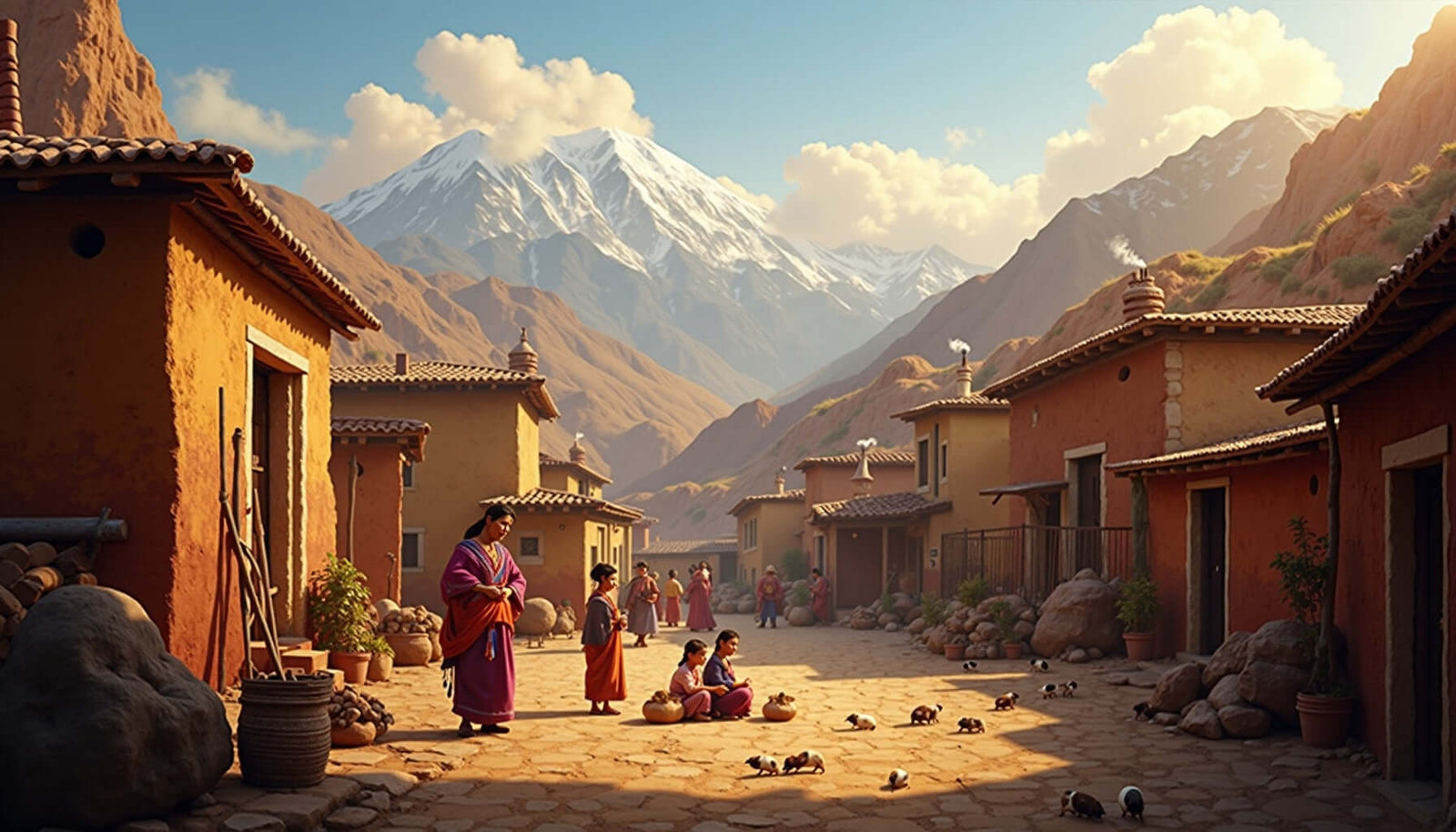 Andean village scene showcasing traditional life with mountains and guinea pigs in the foreground.