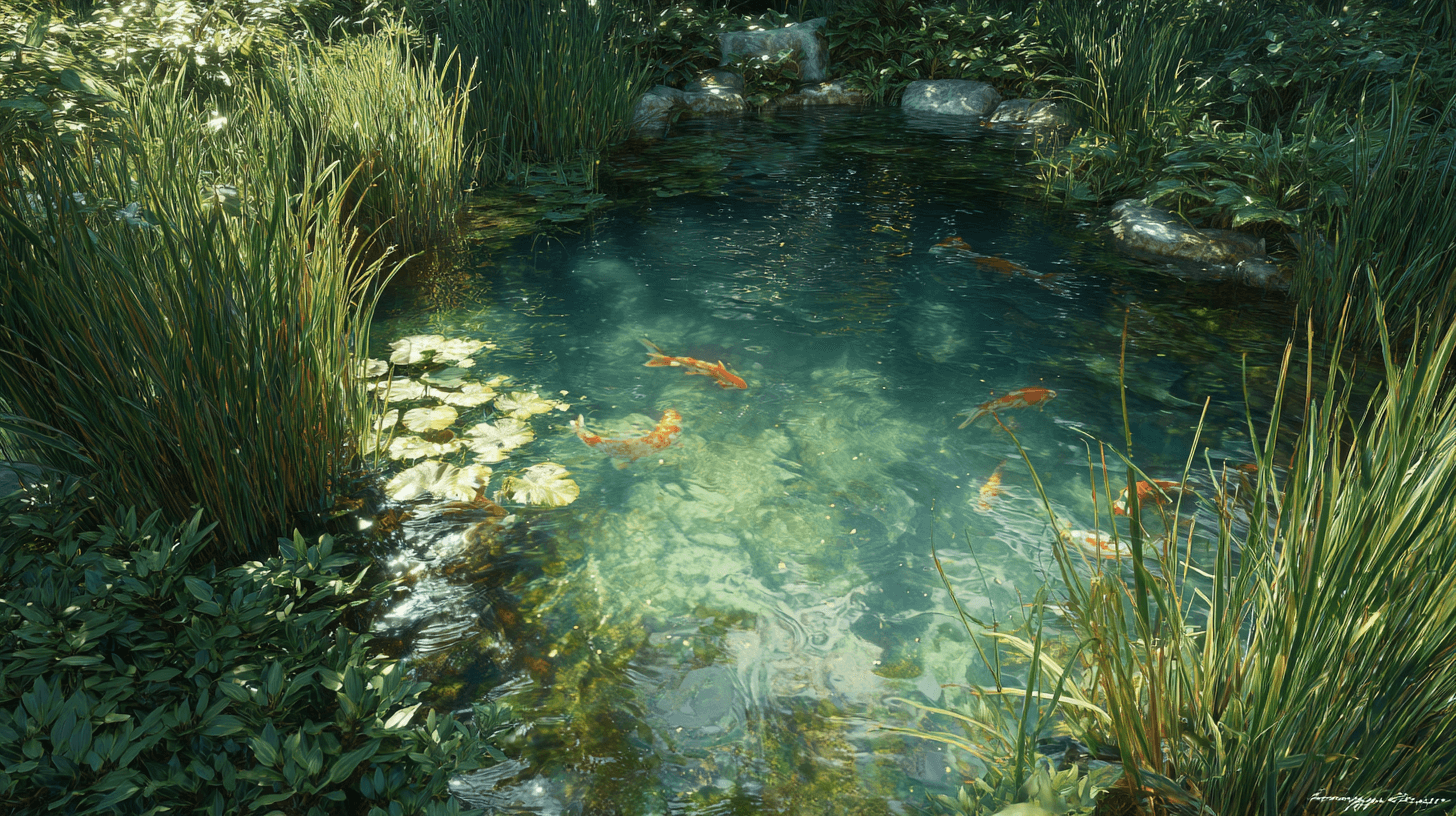Clear pond showcasing vibrant koi fish, surrounded by lush greenery and lily pads in natural sunlight.