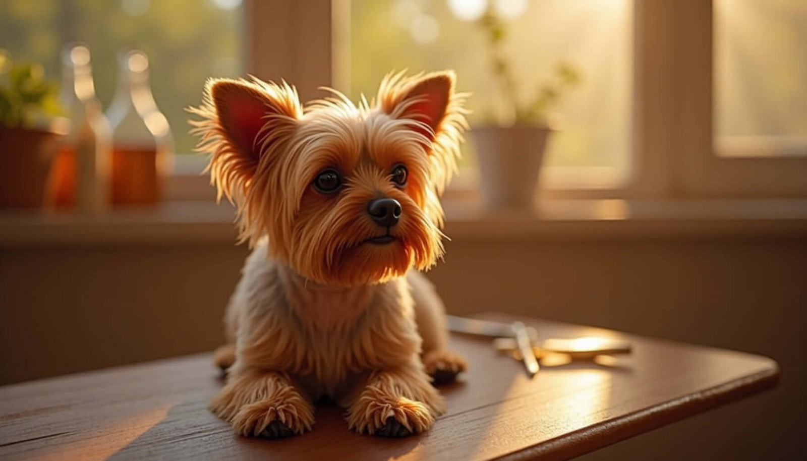 Yorkshire Terrier resting on a table with grooming tools, showcasing its fine hair in warm sunlight.