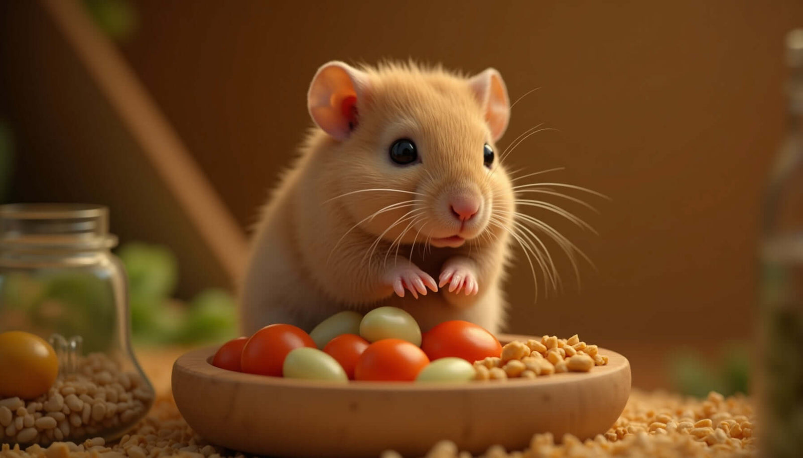 Cute gerbil eating colorful vegetables from a wooden bowl, showcasing a healthy diet for pets.