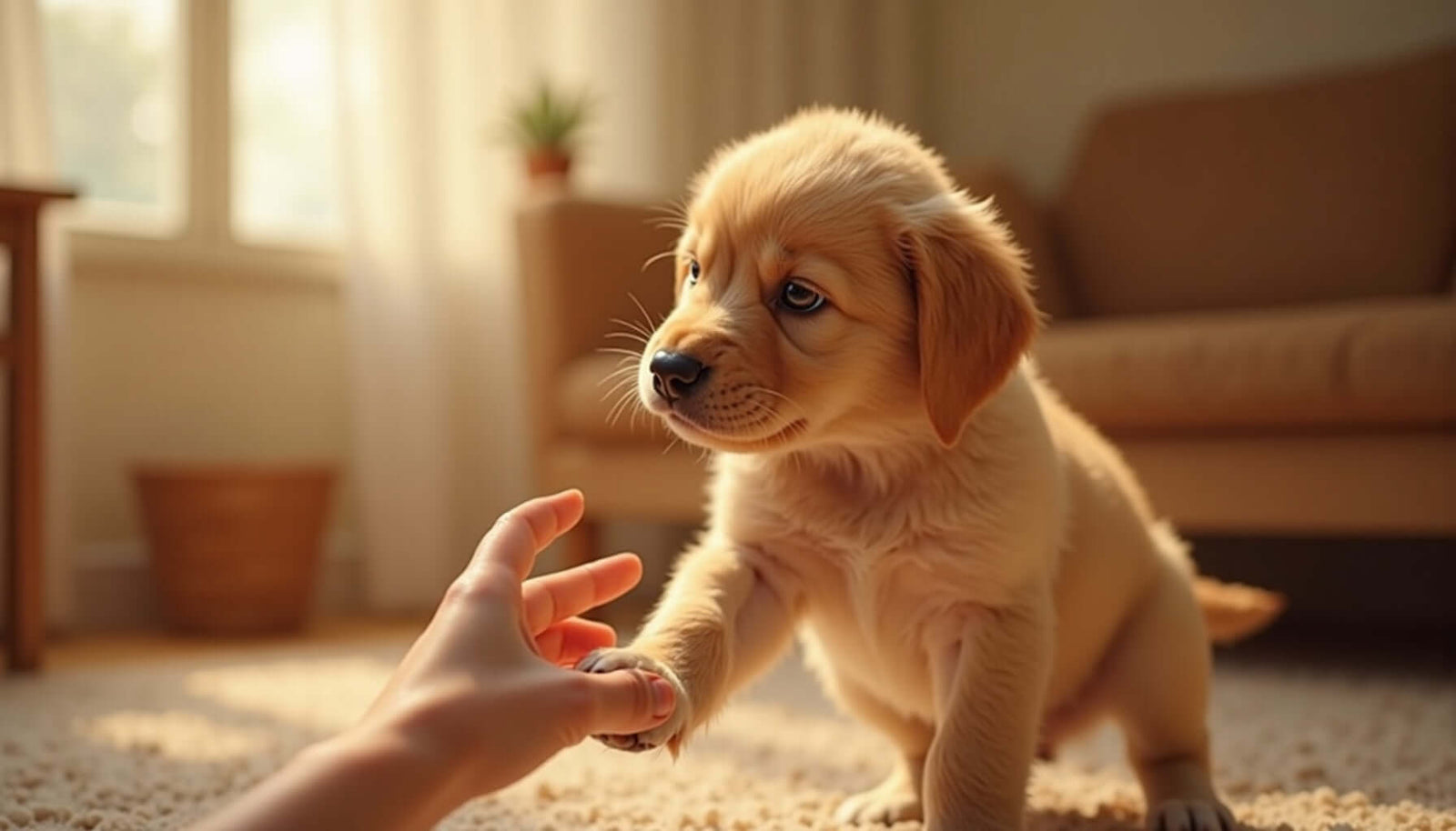 Cute puppy reaching out to a human hand, symbolizing playful interaction and social learning in dogs.