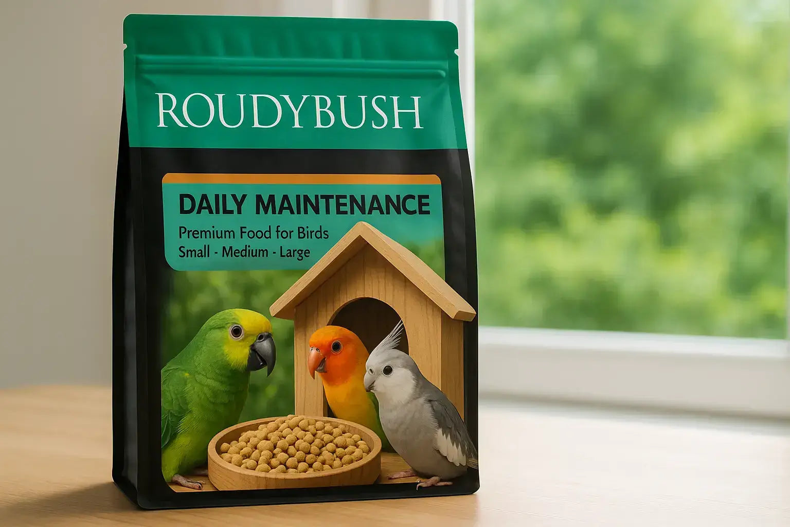 Roudybush Daily Maintenance bird food bag with parrots and a birdhouse, ideal for small to large birds.