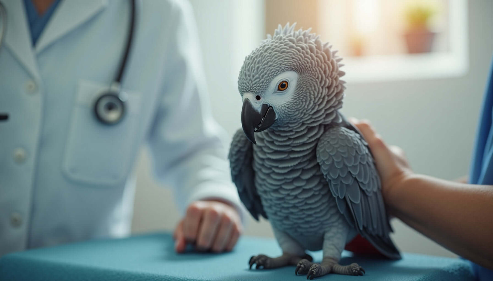 African grey parrot at a vet clinic with a caregiver, highlighting health check-ups and care.