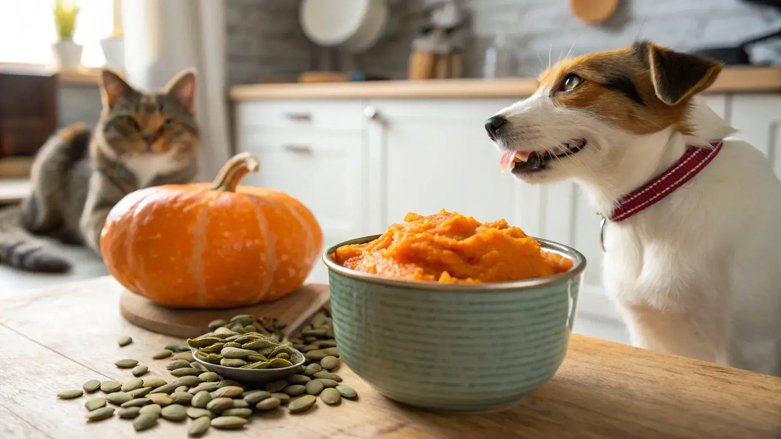 Dog and cat in a kitchen with a bowl of pumpkin puree and seeds, highlighting natural deworming benefits.