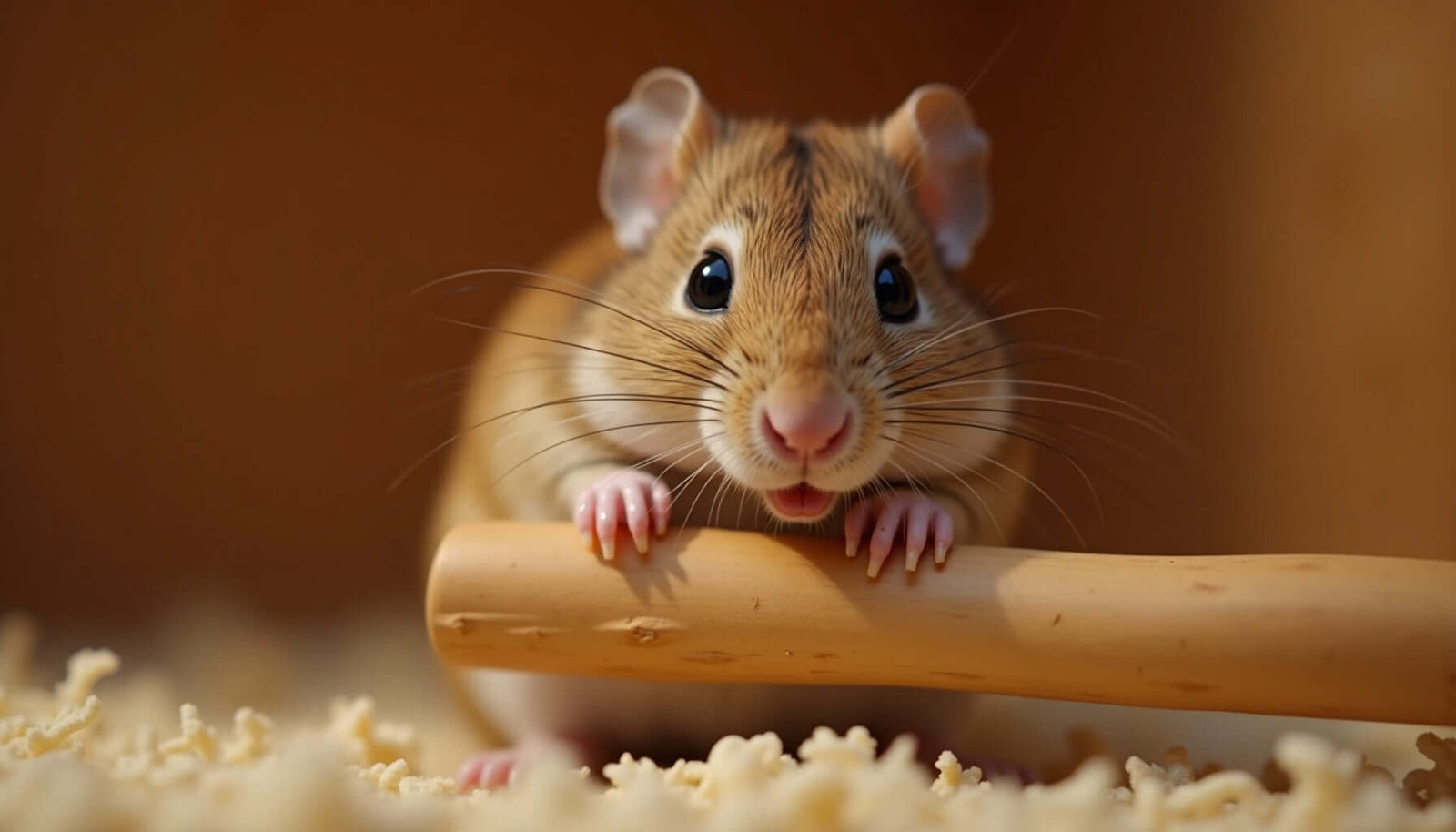 Close-up of a gerbil chewing on wood, highlighting its healthy teeth and playful nature.