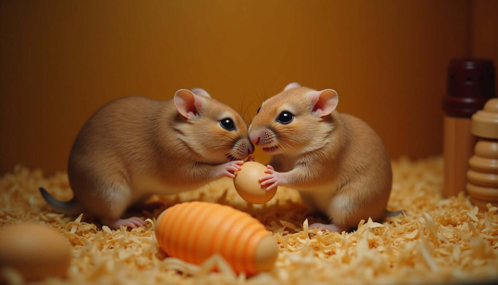 Two playful gerbils sharing a small ball in a cozy habitat with bedding and toys.