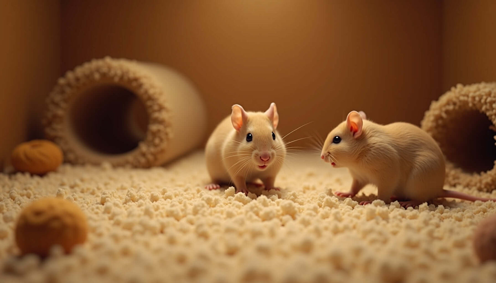 Two happy gerbils exploring their cozy bedding with tunnels and toys in a safe habitat.