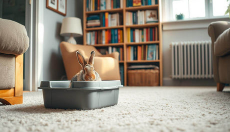 A cozy, well-lit room with a litter box in the foreground, surrounded by plush carpeting and wooden furniture. In the middle gro