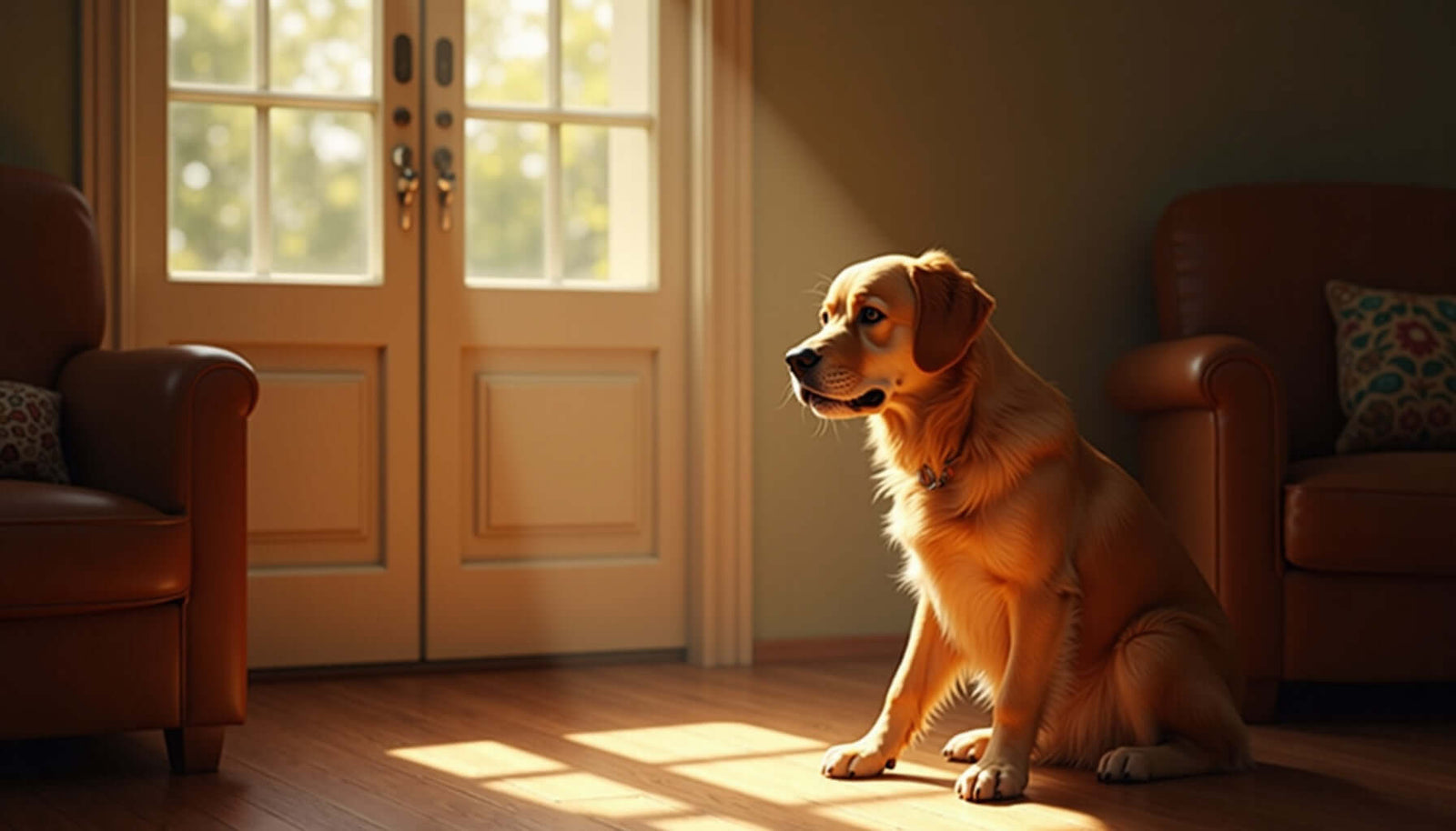Golden retriever sitting quietly by the door during the day, showcasing signs of separation anxiety.