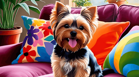 Yorkshire Terrier sitting on a colorful couch surrounded by vibrant pillows, showcasing its playful personality.