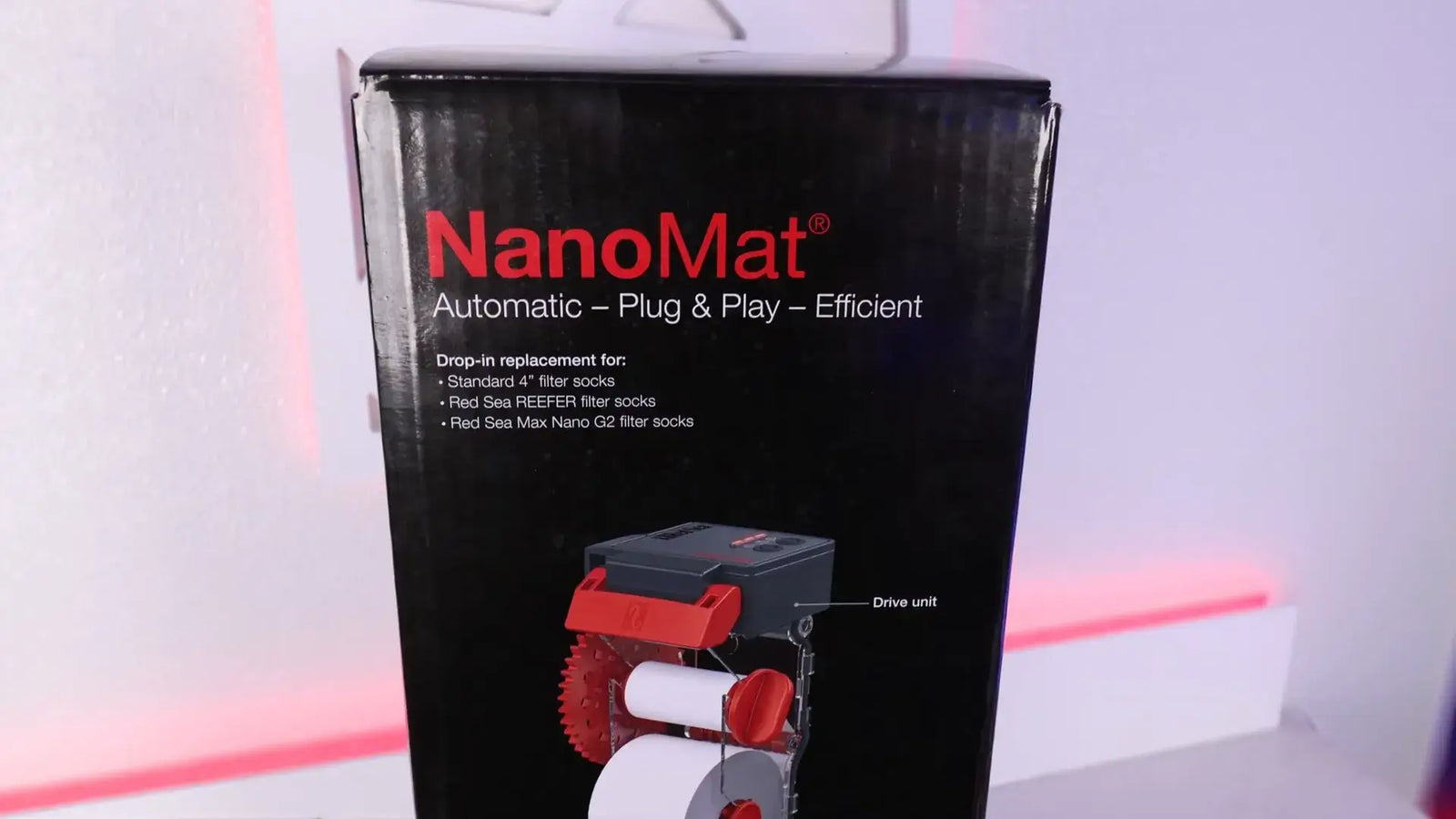 Red Sea NanoMat Roller packaging, featuring automatic plug-and-play filtration for nano aquariums.