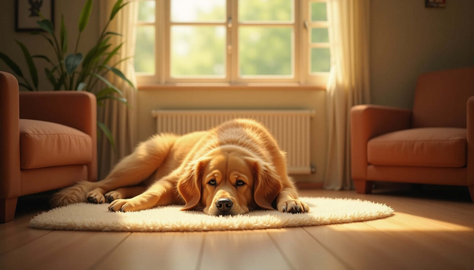 Golden Retriever resting on a fluffy rug in a calm, sunlit living room, promoting a peaceful home environment.