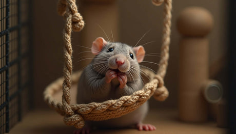 A pet rat sitting happily in a hanging rope toy, showcasing playful enrichment.