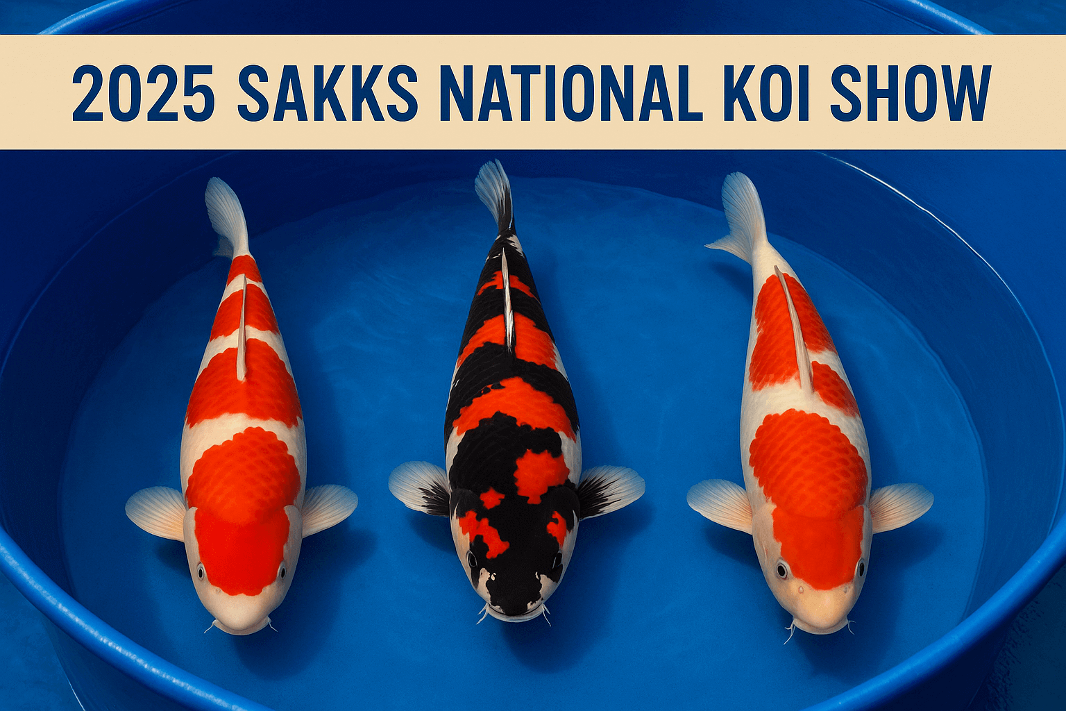 Three impressive koi fish showcased at the 2025 SAKKS National Koi Show in Gauteng, South Africa.