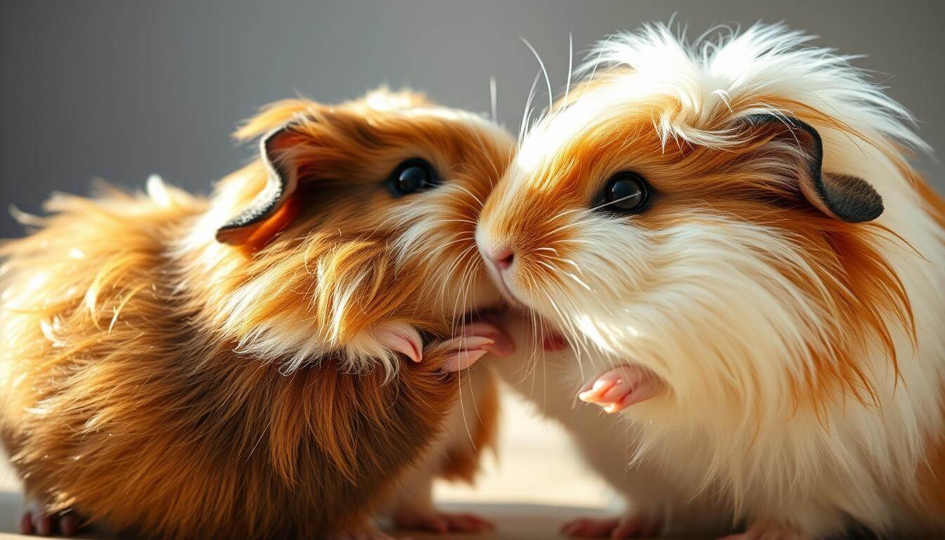 Two long-haired guinea pigs affectionately nuzzling each other, showcasing their beautiful fur and playful nature.