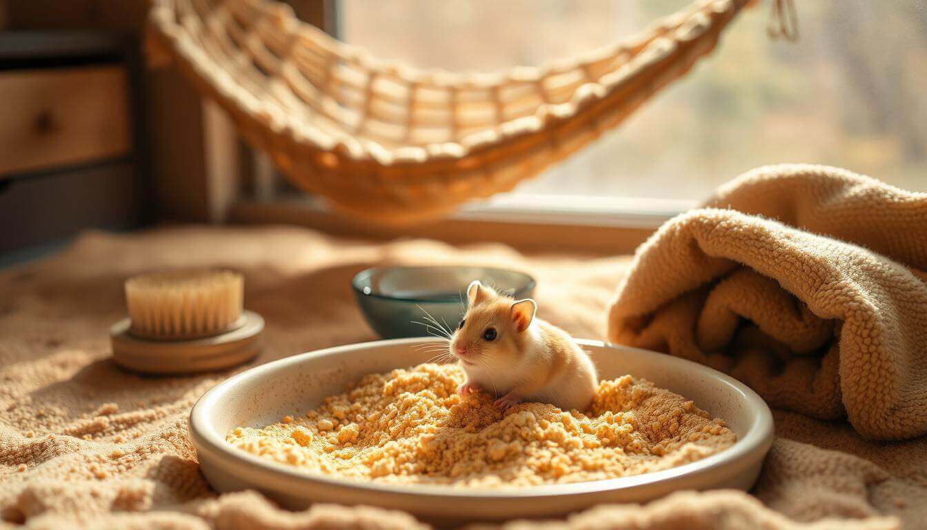 A cozy setting featuring a hamster sitting in a dish of bedding material, with a blanket and hammock in the background.