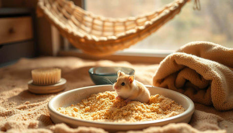 A cozy setting featuring a hamster sitting in a dish of bedding material, with a blanket and hammock in the background.
