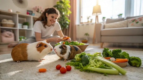 Happy guinea pigs exploring fresh vegetables with a smiling owner in a cozy living room.