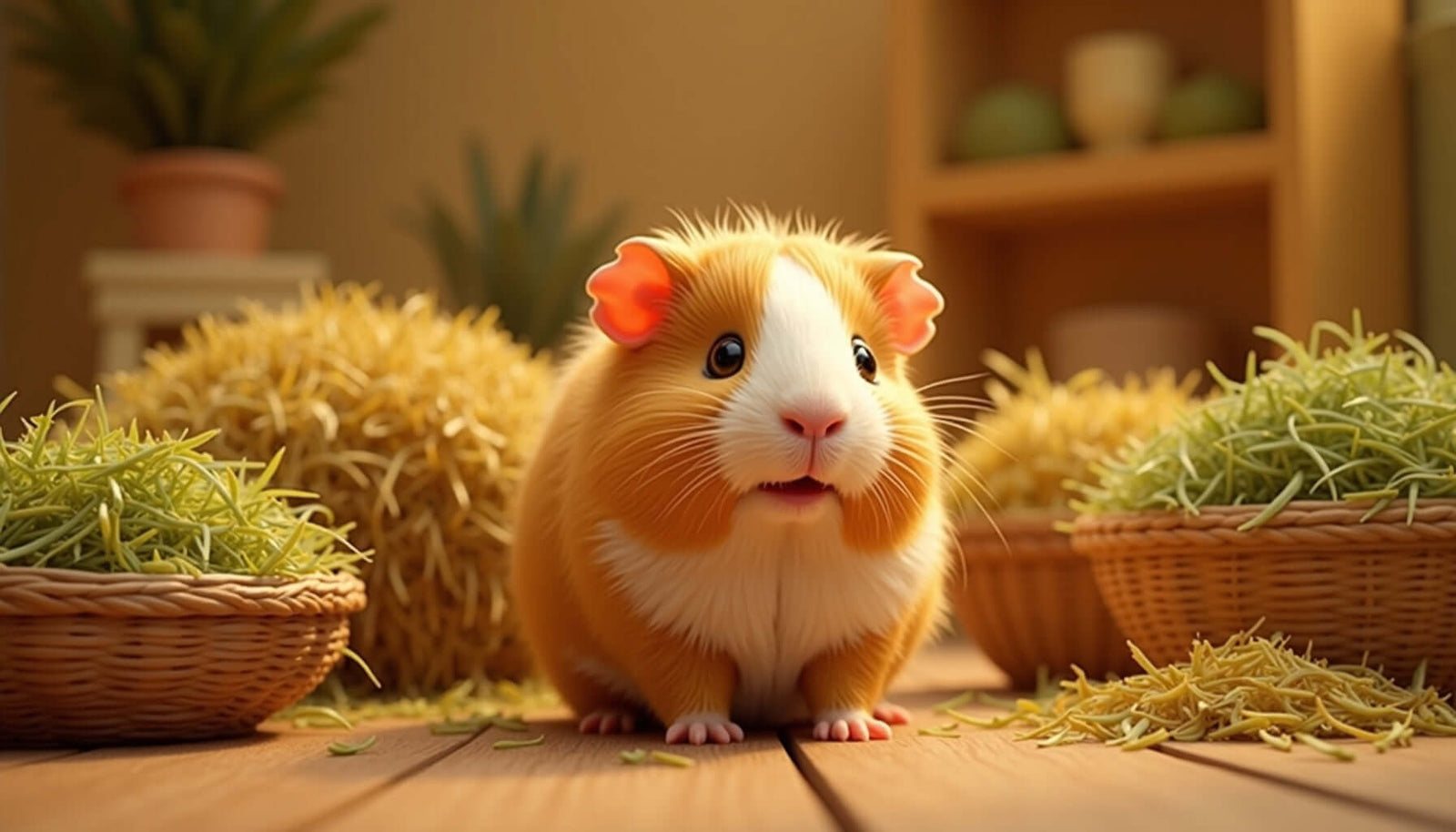 Cute guinea pig surrounded by fresh hay on a wooden floor, showcasing healthy foraging behavior.