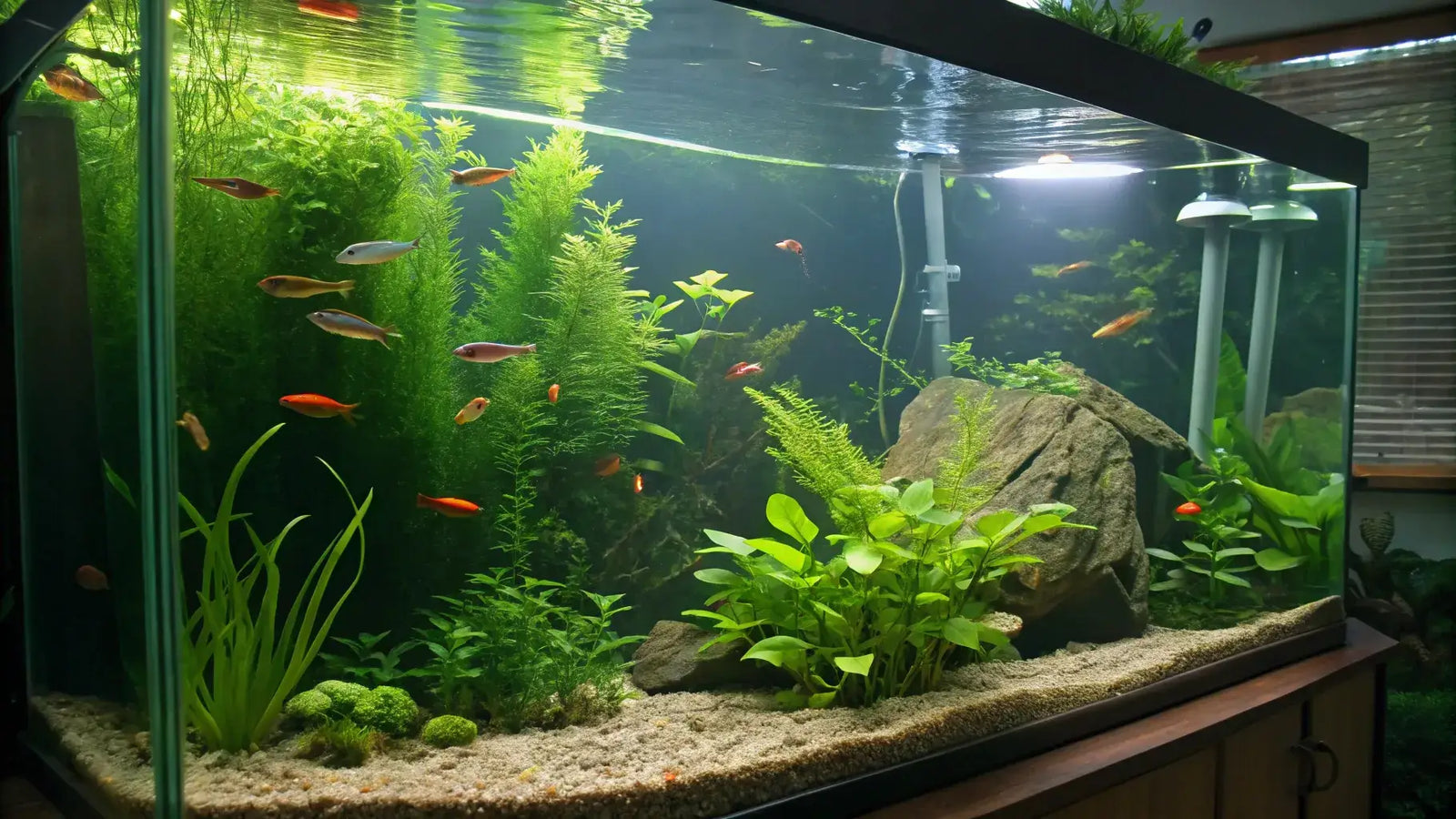 Vibrant aquarium showcasing lush plants and colorful fish swimming in crystal-clear water.