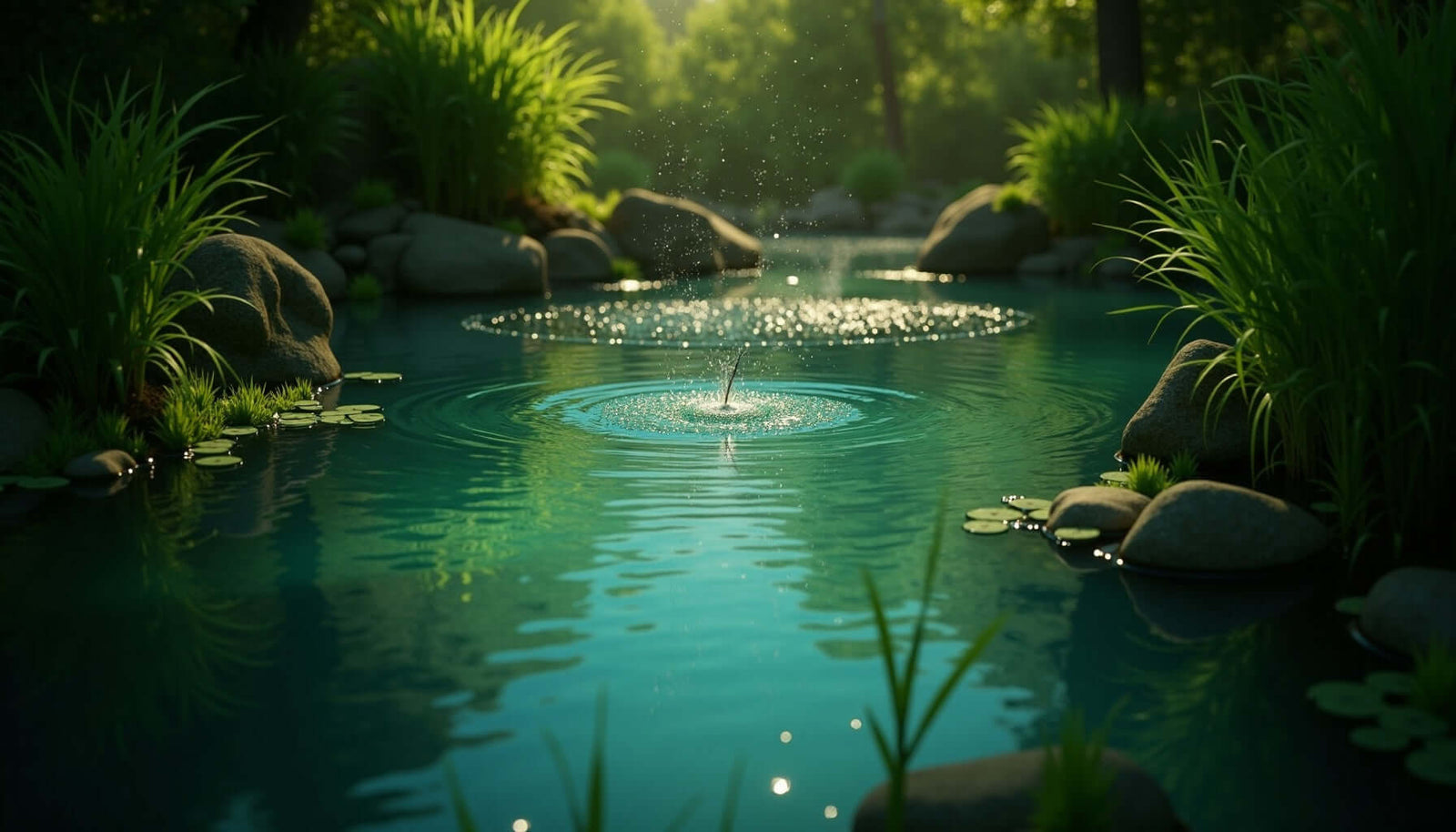 Tranquil pond with aeration fountain, blooming lily pads, and lush greenery, promoting healthy aquatic life.