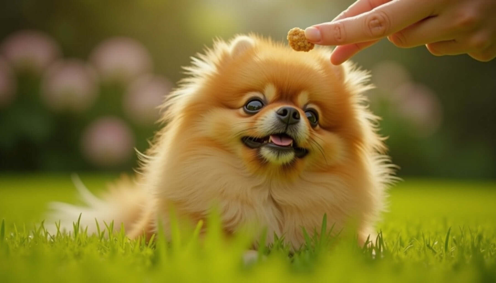 Pomeranian dog sitting on grass, eagerly looking up at a treat held by a person's hand.