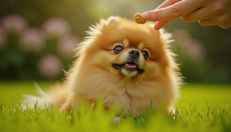 Pomeranian dog sitting on grass, eagerly looking up at a treat held by a person's hand.