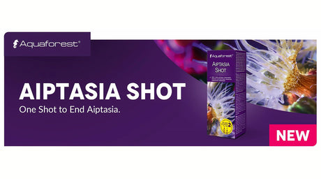 Aquaforest Aiptasia Shot packaging with a coral background, promoting a fast solution for reef tank pests.