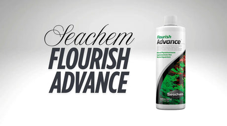 Seachem Flourish Advance bottle designed for promoting plant growth in aquariums, featuring vibrant plant graphics.